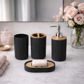 Kit Banheiro 4 Peças Preto Com Bambu Lavabo Luxo Moderno
