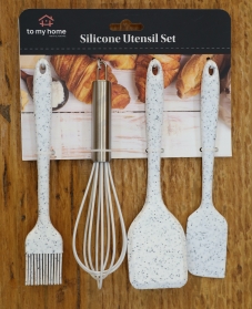 Conjunto 04 utensílios de cozinha de silicone e fuet de aço inoxidável.